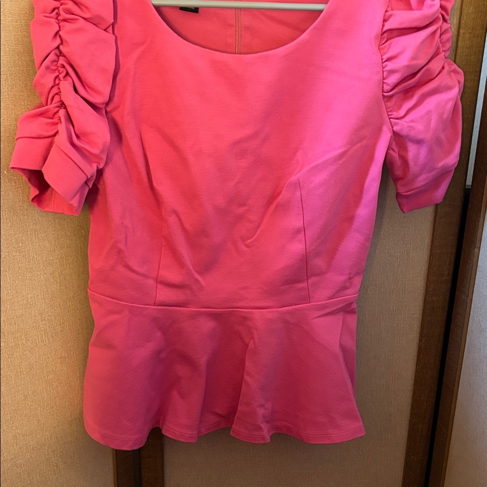 INC International Concepts Fuchsia Ruched Sleeve Peplum Blouse medium